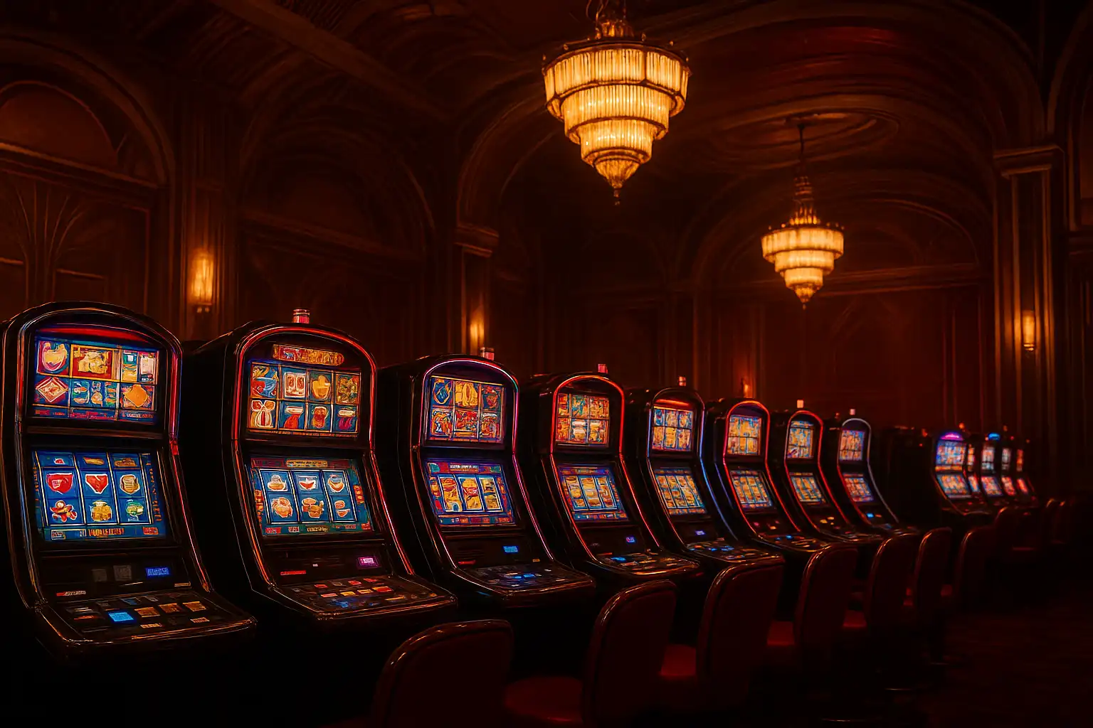 Online slot machine reels glowing in a dark casino — Mafia Casino Canada